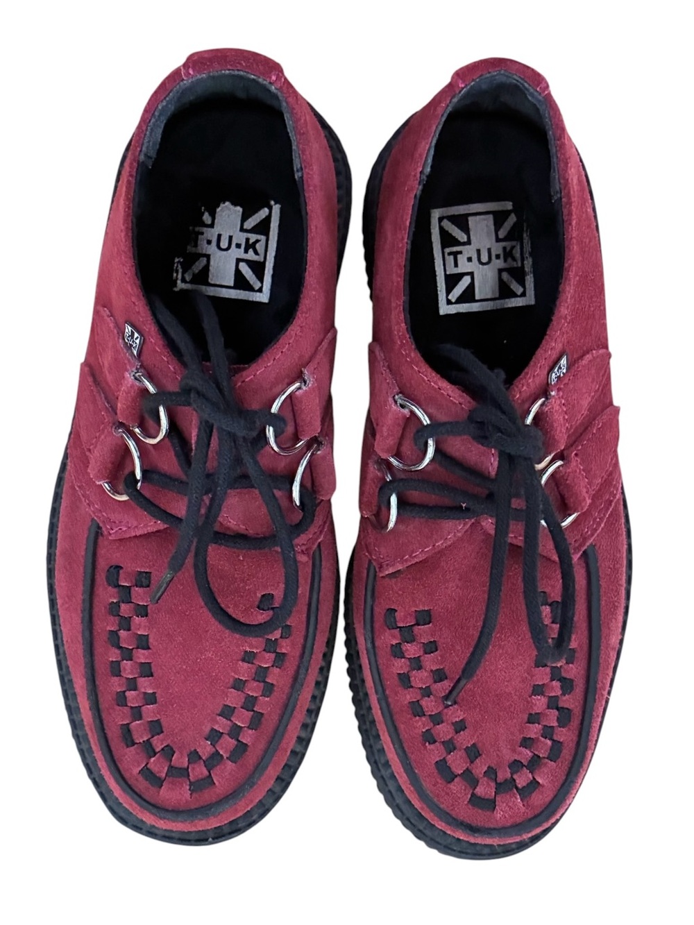 T.U.K. Burgundy Suede Creepers Platform Shoes Checkerboard Women 7 / Men 5, EU38